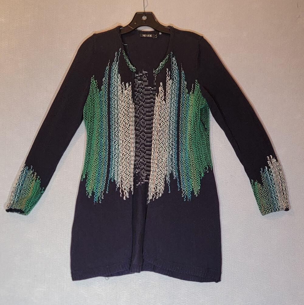 NIC+ZOE Abstract Knit Cardigan Sweater Navy Blue Green Size Small